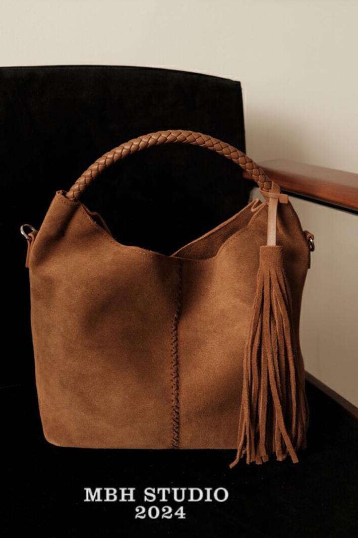 2024 Autumn Winter New Fringe Suede Matte Cowhide Genuine Leather Bucket Bag Women Versatile Handbag with Shoulder Strap - Image 5