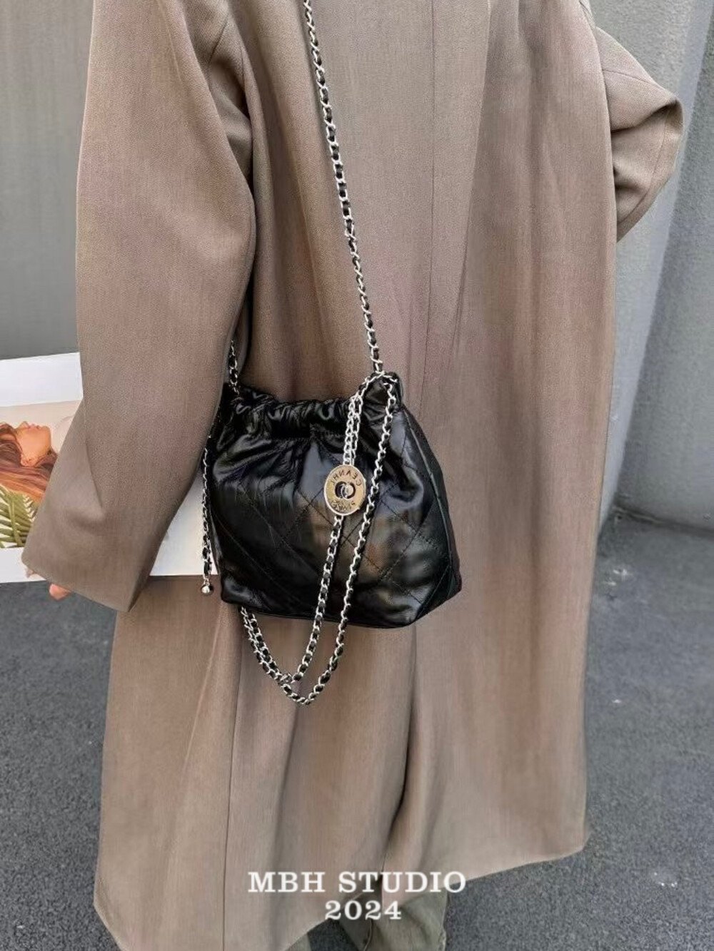 MBH Quilted Mini Bucket Bag in Top Grain Leather with Gold Ball Chain Crossbody Shoulder Style