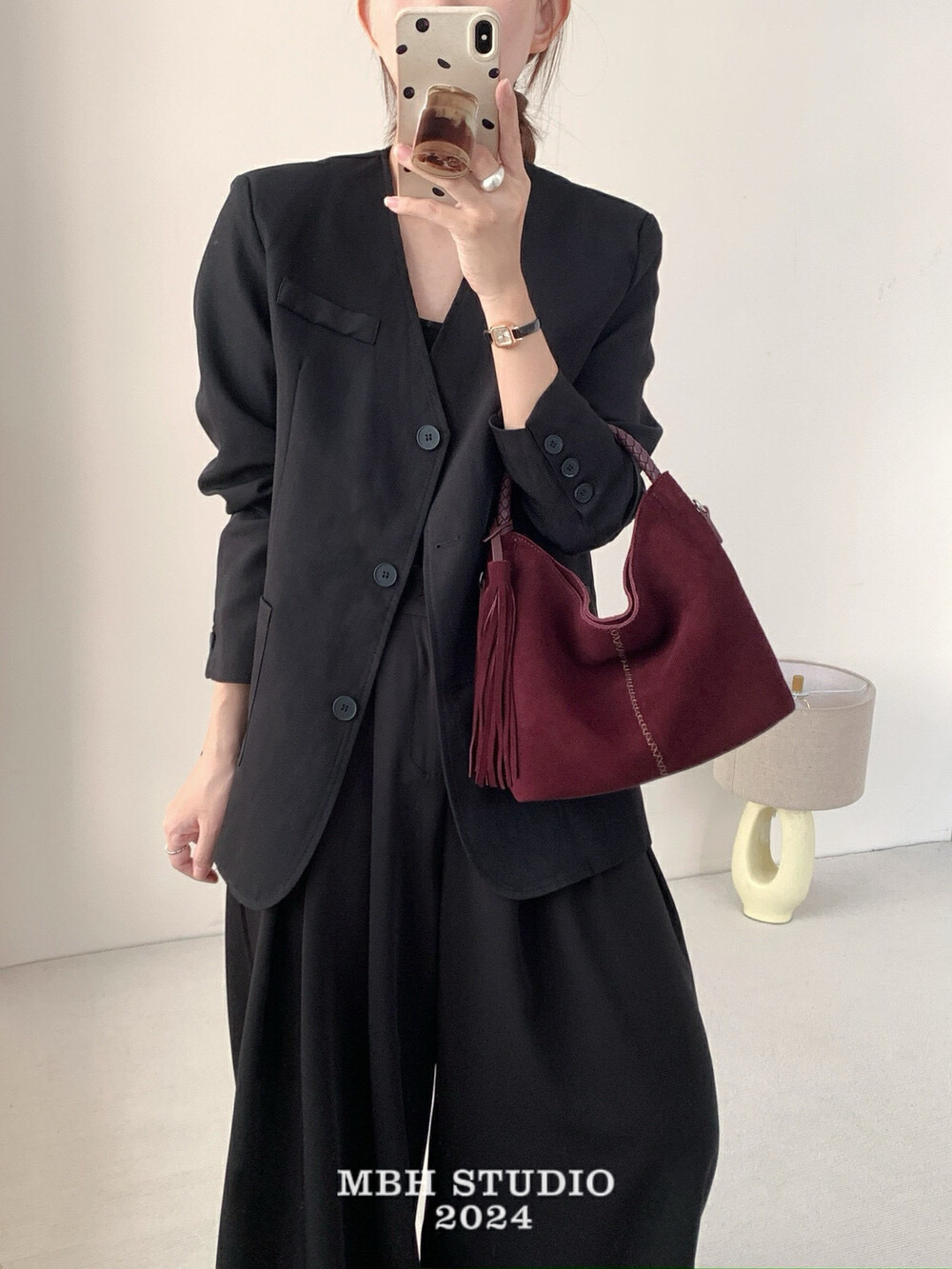 MBH Woven Handle Tassel Suede Leather Bucket Bag Vintage Handbag with Shoulder Strap