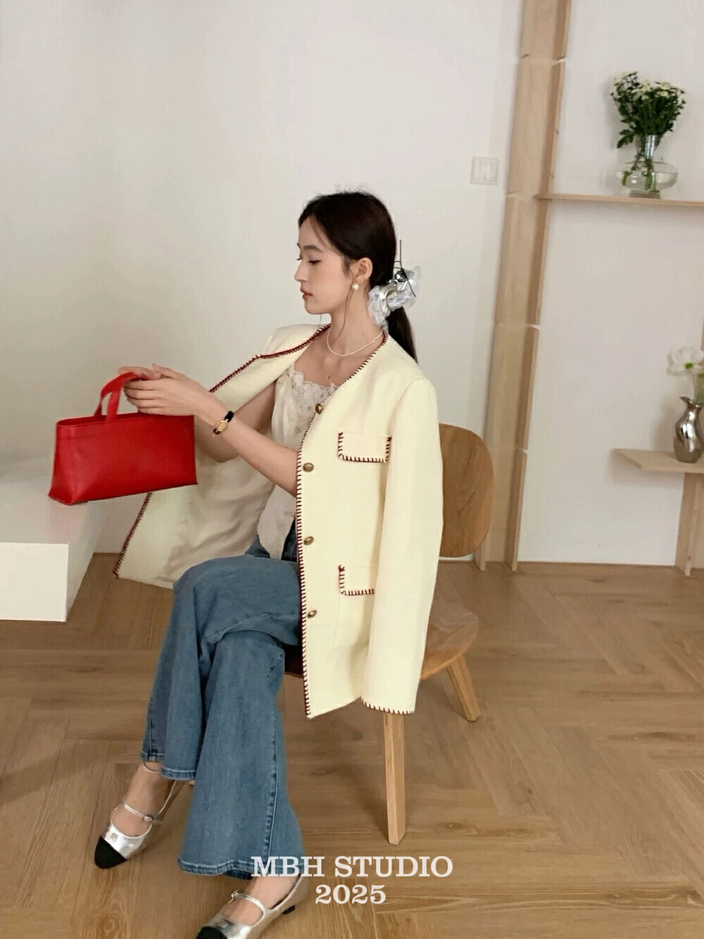 MBH Top Grain Leather Togo Leather Waist-Cinched Tote Bag Korean Style Niche Genuine Leather Handbag