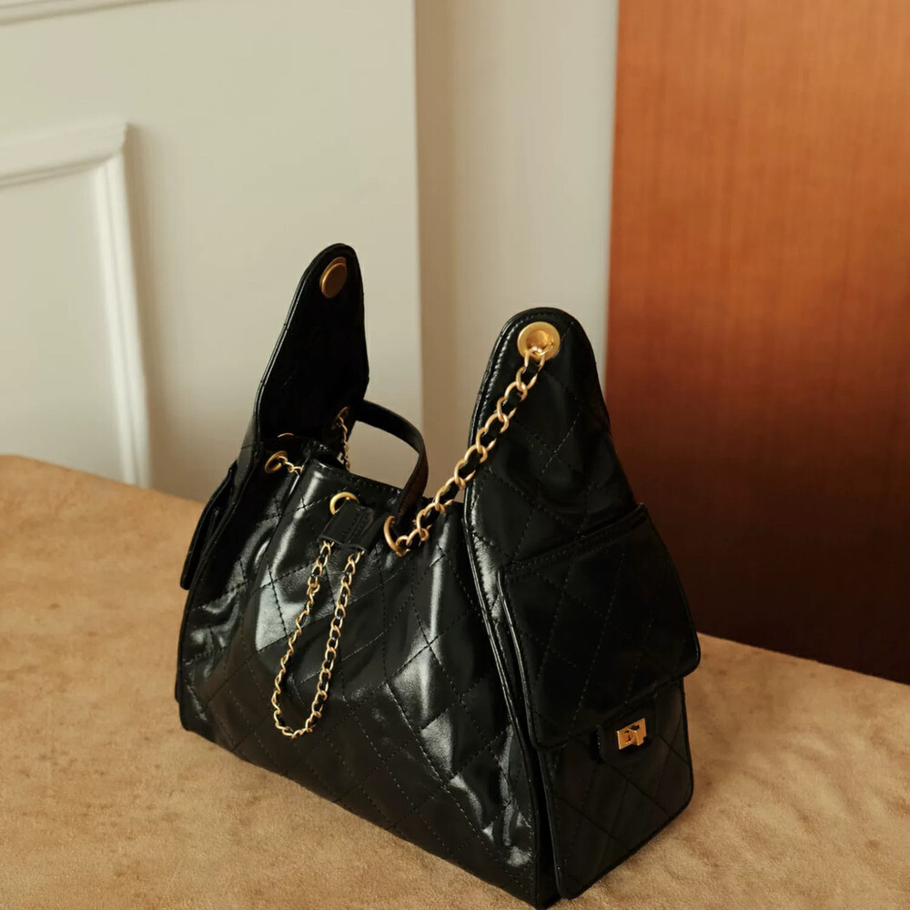 MBH Top-Grain Waxed Leather Quilted Chain Tote Bag Large-Capacity Genuine Leather Shoulder Bag