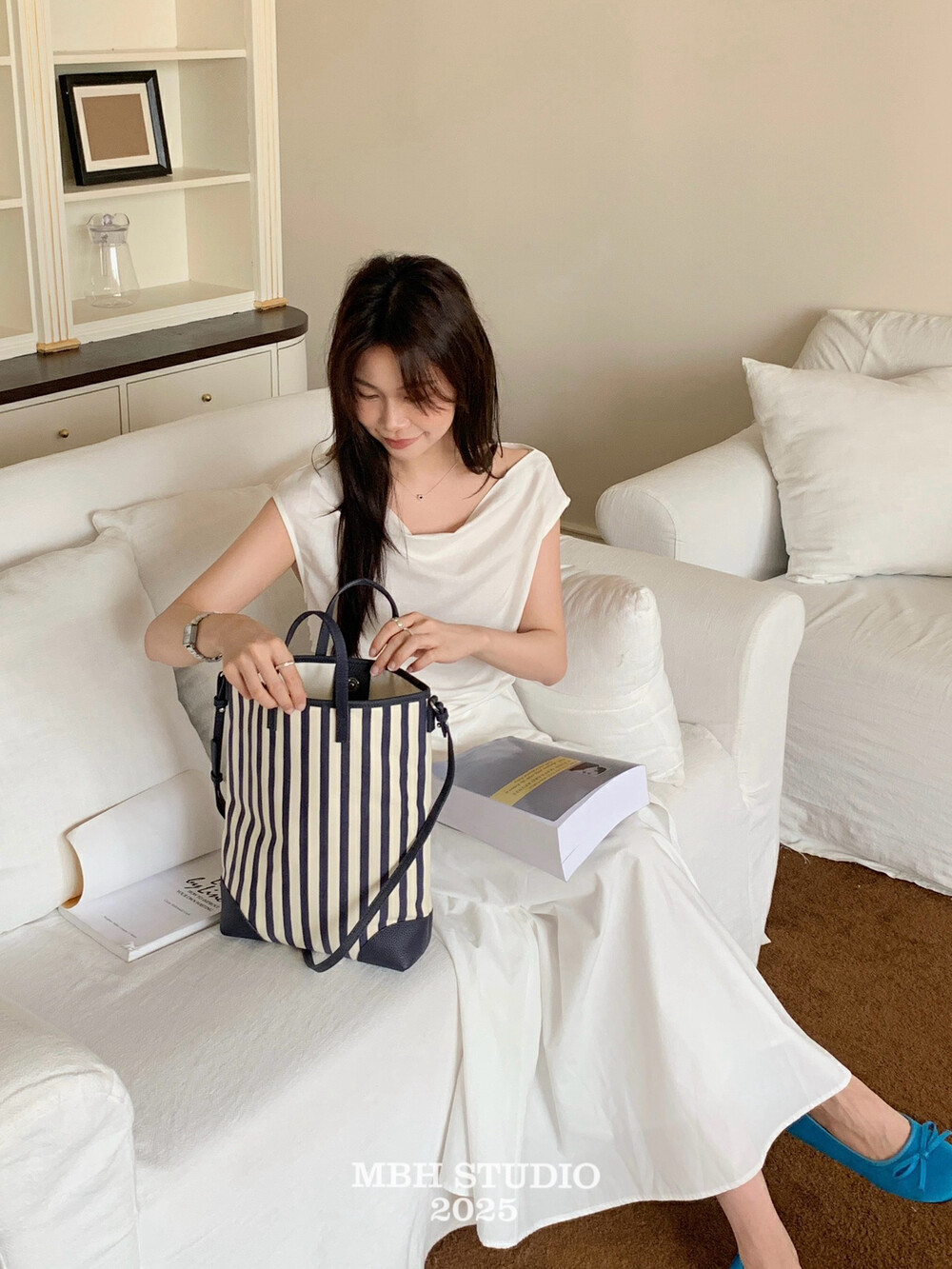 2025 Korean Lazy Style Canvas Striped Large Capacity Tote Bag Handbag Crossbody with Shoulder Strap