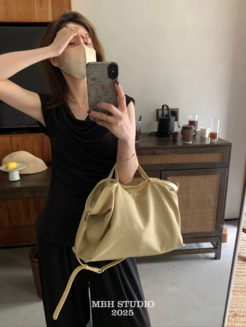 MBH Korean Niche Top Layer Cowhide and Canvas Large Capacity Tote Bag Handbag