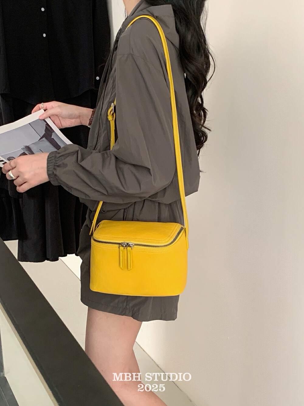 MBH Vintage Vegetable-Tanned Leather Lunch Box Bag Minimalist Niche Genuine Leather Box Bag Shoulder Crossbody Bag